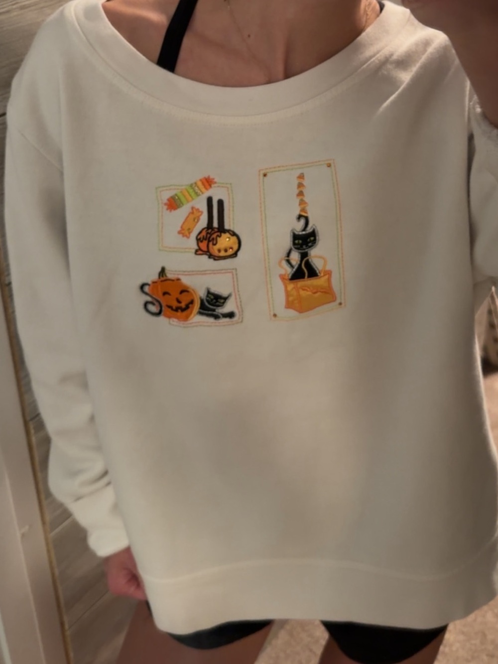Holiday Editions embroidered Halloween White Boat Neck Sweatshirt